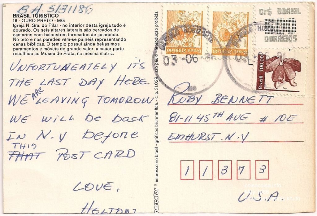 Postcard to Ruby Bennett from Brazil 1986