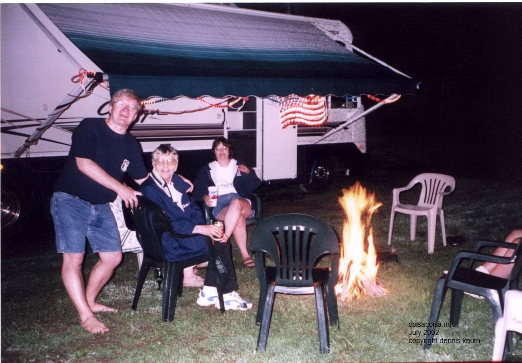 Emogene in front of a bonfire on her 77th birthday