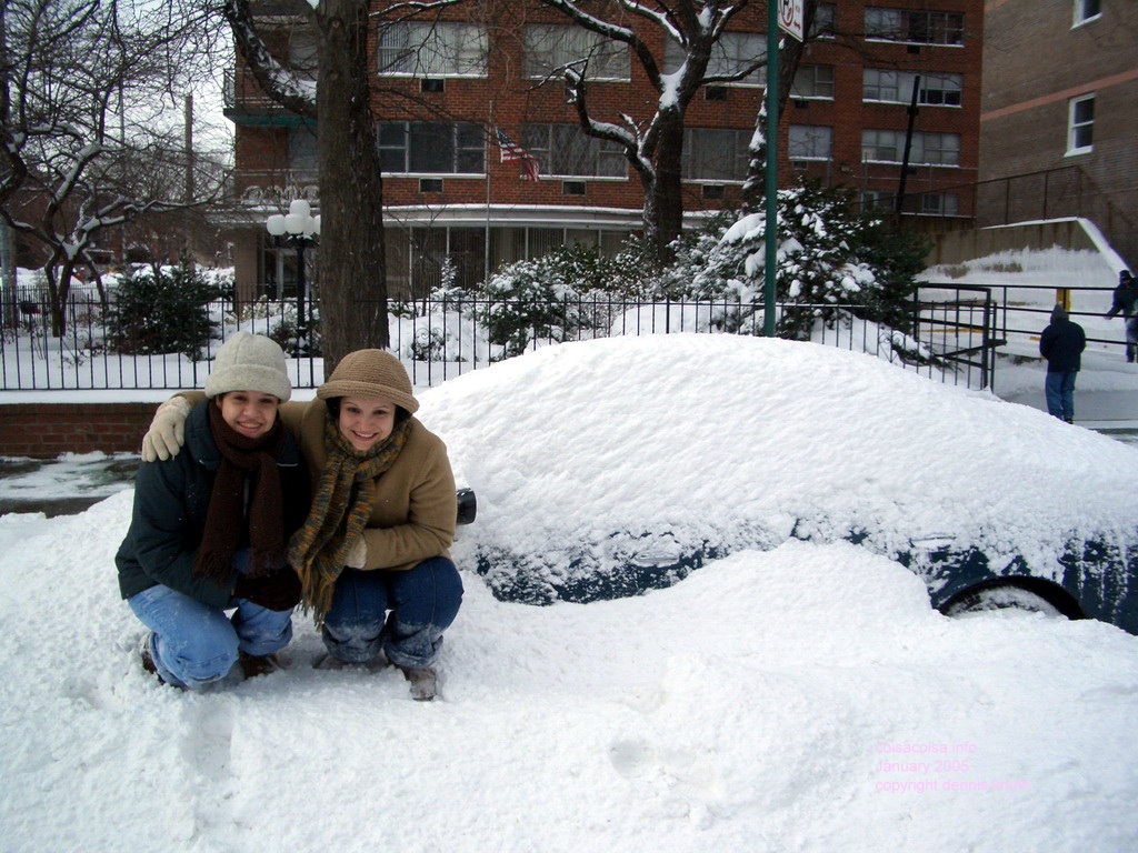 Snow covered car and Thaissa and Thacila