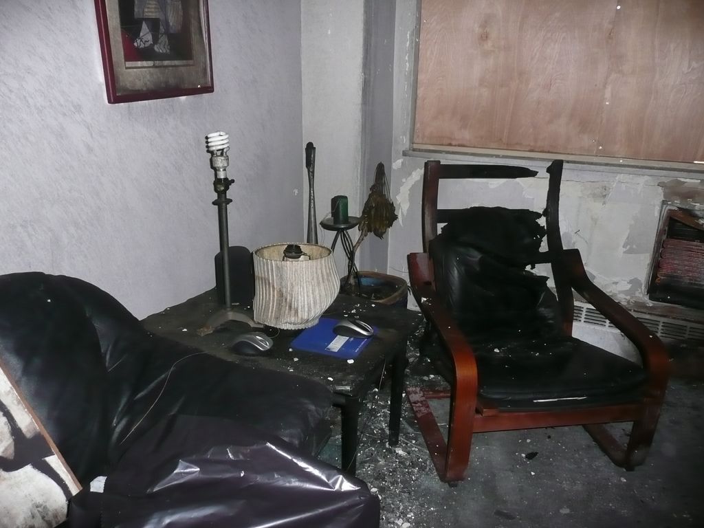 Fire damaged living room furniture