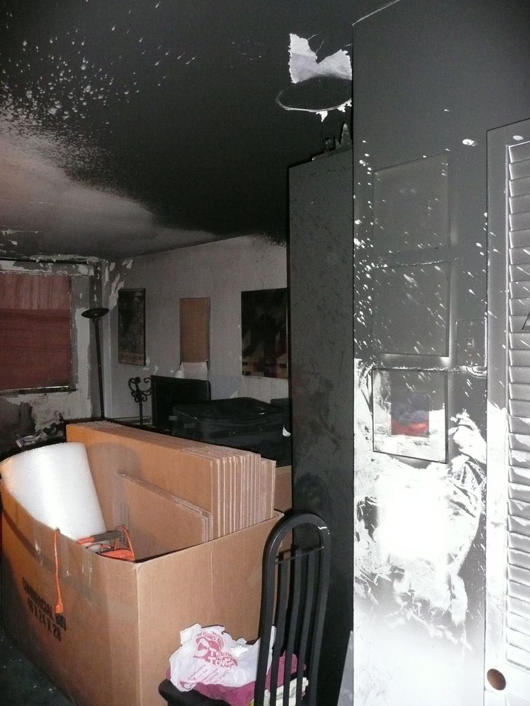 Living room fire damage
