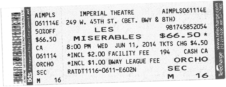 Les Miserables tkts 2014 $66 