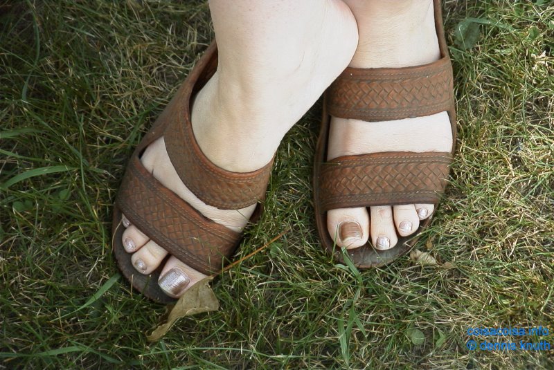 Silver Toenails in Sandals on A green lawn Women's feet