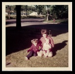 Peggy Scott and Debbie Randall on the lawn